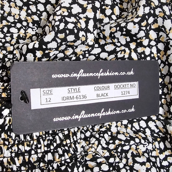 Influence Fashion Black All Over Print Mock Neck Ruffle Hem Mini Dress Size 12UK - Picture 6 of 9